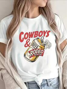 Pure Cotton Short-Sleeved T-Shirt, Decorated With A Beer- Cowboy Design, Suitable For Bar Parties And Casual Wear, Lightweight And Durable Design, Ideal For Outdoor Activities And Daily Use. - 白色 - 查看 1