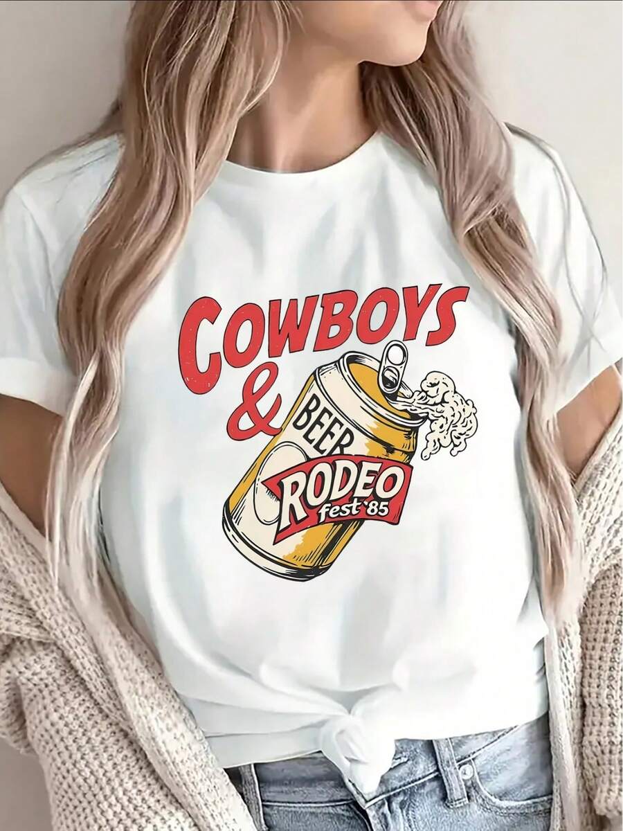 Pure Cotton Short-Sleeved T-Shirt, Decorated With A Beer- Cowboy Design, Suitable For Bar Parties And Casual Wear, Lightweight And Durable Design, Ideal For Outdoor Activities And Daily Use. - 白色 - 查看 1