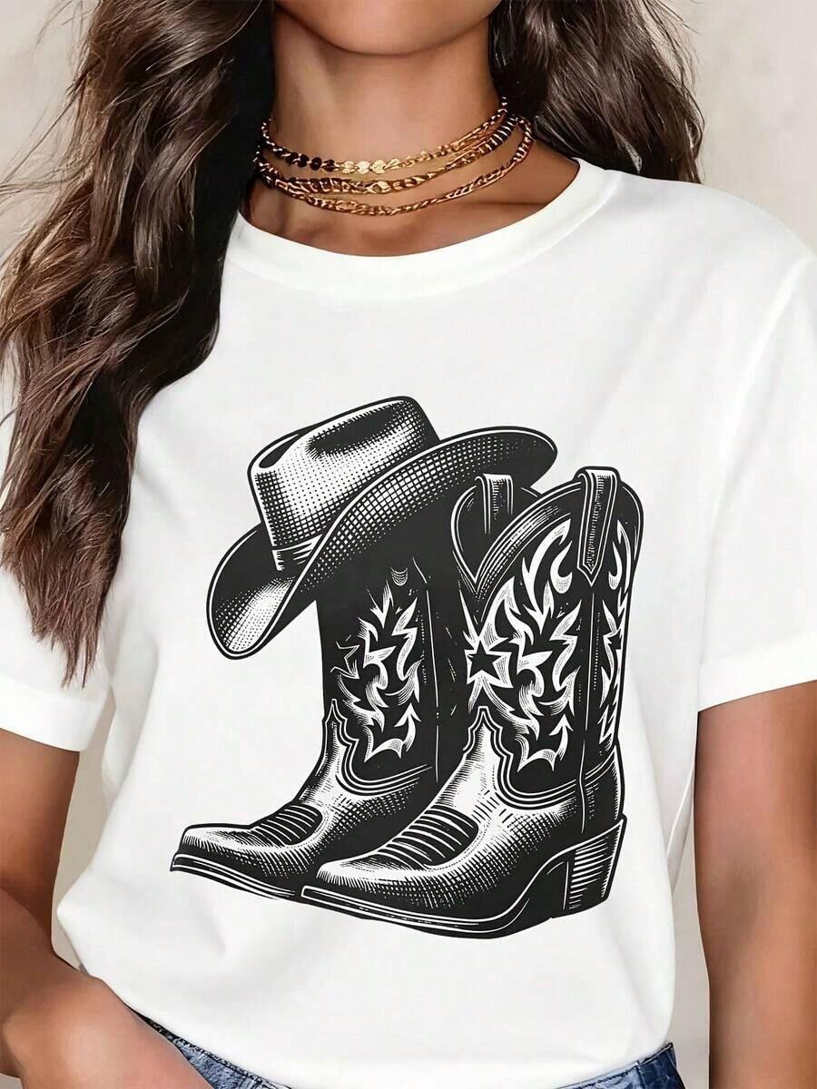 Women's Clothing Western Cowboy Boots And Hat Print T-Shirt For Women, Casual Country Style, Round Neck, Short Sleeve, Fashionable T-Shirt For Everyday Wear, Women's Shirts - 白色 - 查看 1
