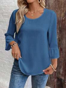 Camisa de mujer de unicolor, minimalista y casual de cuello redondo y manga larga - Azul - Ver 3