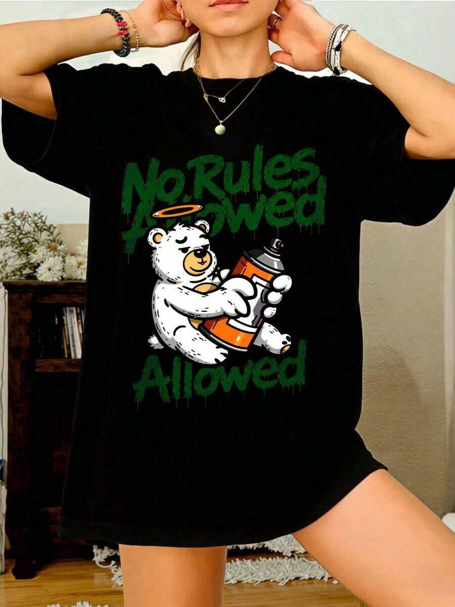 Women's Oversized Cotton T-Shirt, Urban Style, With A Fun Bear And Graffiti 'No Rules Allowed' Print, Casual, Short-Sleeved, Crew Neck, Ideal As A Gift For Her. 100% Cotton T-Shirts With A Youthful And Modern Design, Casual Blouses For Women. - 黑色 - 查看 1