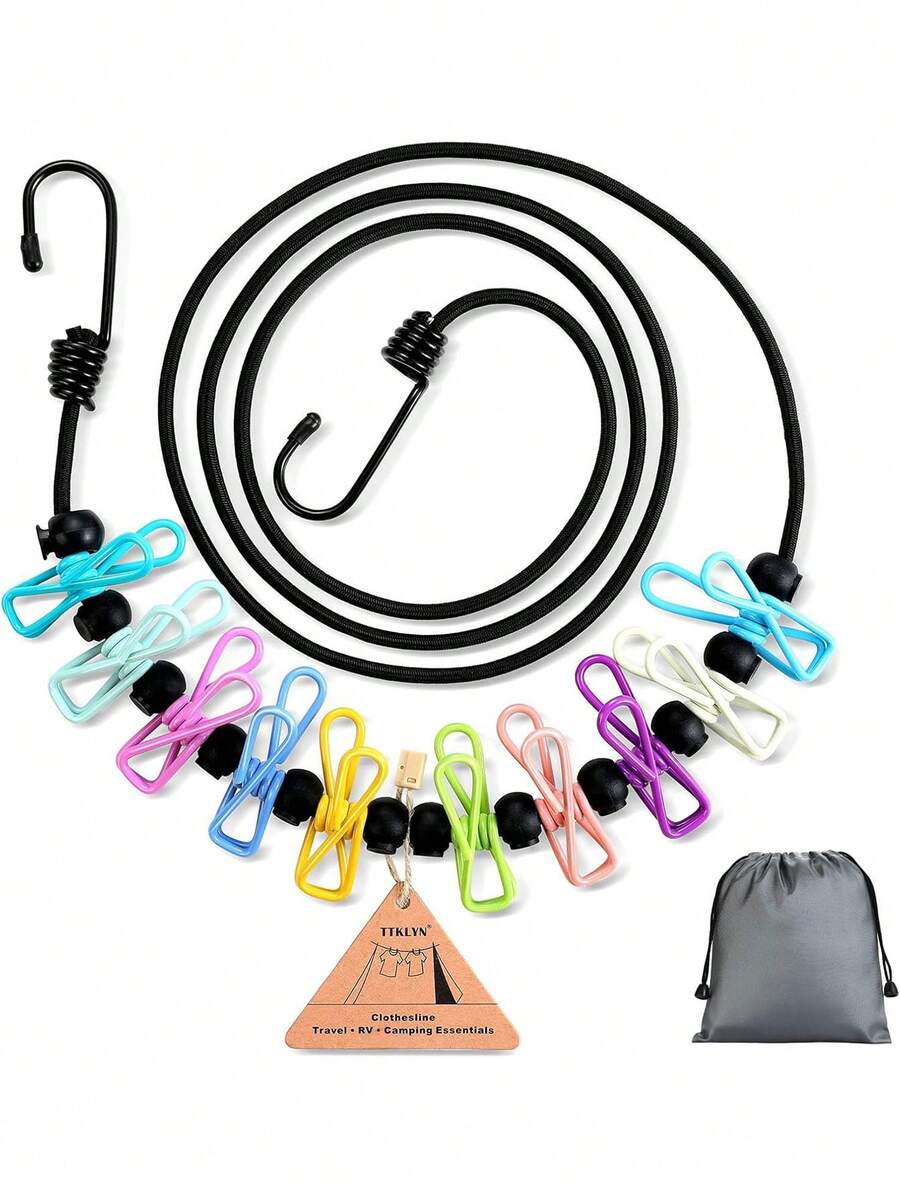 1 Set Camping Essential, Elastic Travel Clothesline Can Be Stretched Up To 3 Meters, Camping Gear, Suitable For Outdoor Camping, Cruise And RV, Essential Hanging Rope - Multicolor - View 1