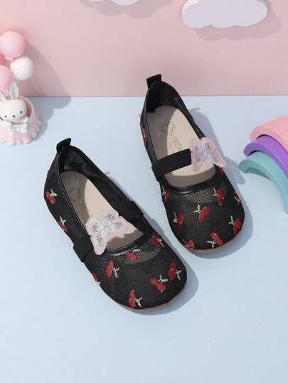 1 Pair Girls' Mesh Flat Shoes, Versatile & Dirt-Resistant Black, Cute Cherry Embroidery, Shimmering Blue-Pink Gradient Butterfly Embroidery, Pastoral Cute Flat Sandals Suitable For Vacation, Outing, Matching Outfits