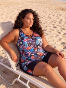 Women's Tropical Floral Print Tankini Swimwear Set, Plus Size V-Neck Swimwear With Shorts, Suitable For Beach Vacation Black - Black - View 2