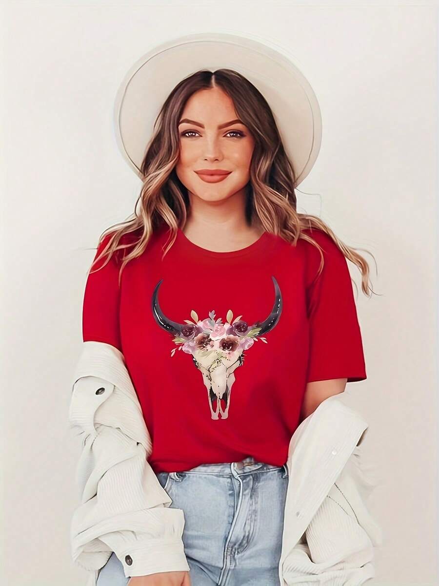 Women's Casual Cotton T-Shirt With A Round Neck And Patriotic Bull Head Print - Casual, Comfortable, Loose Fit, Suitable For Independence Day, Machine Washable. Simple T-Shirt For Everyday Wear. - 紅色 - 查看 1