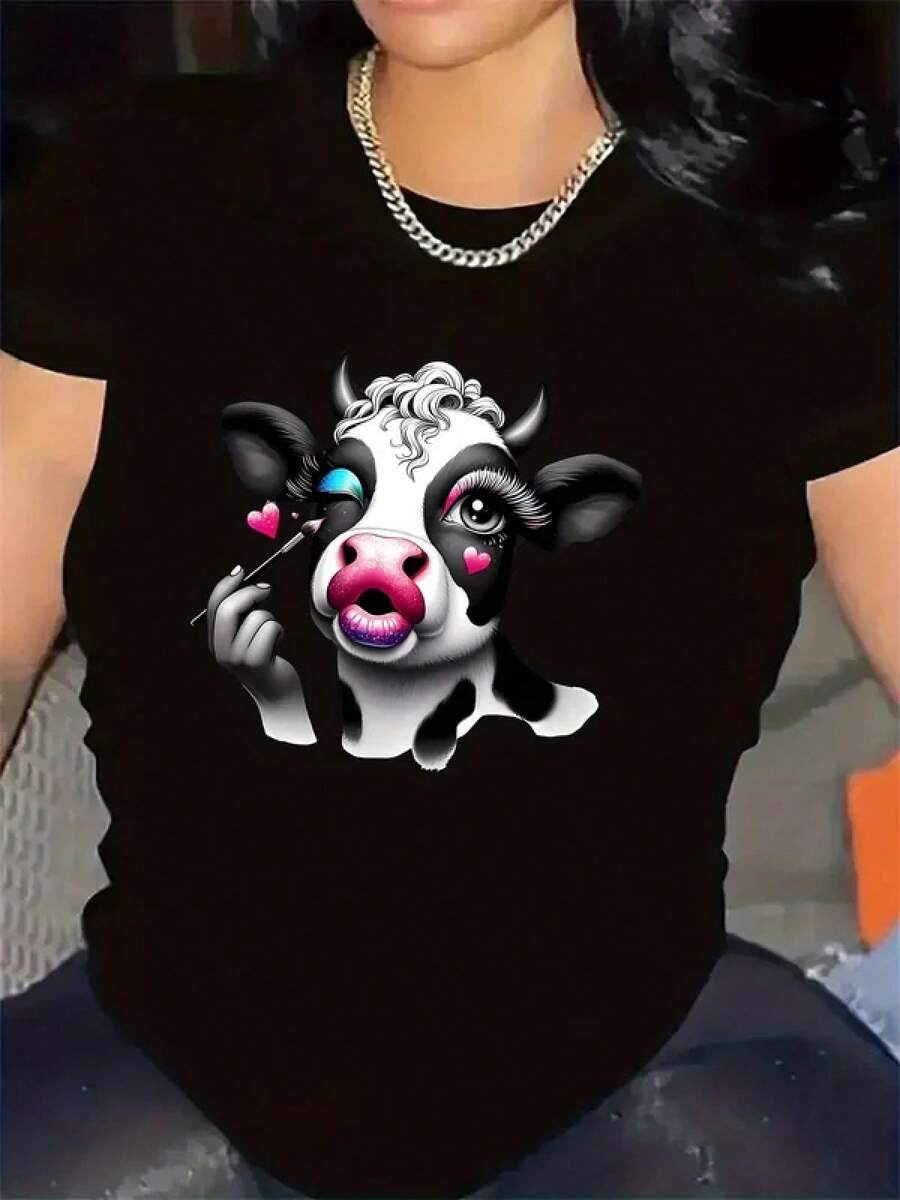 Women's Short-Sleeved T-Shirt With Cow Design, Casual Style For Daily Wear, Elegant And Comfortable, Harajuku Style, Vintage Aesthetic Street Style Clothing, Unisex, Loose Fit, Cotton, Round Neck. - 黑色 - 查看 1