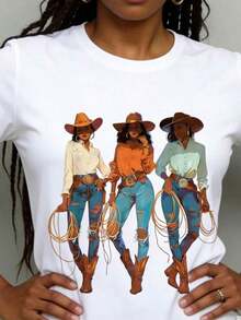 Women's 100% Cotton T-Shirt, Round Neck, Summer T-Shirt With African American Cowgirl Print, Western Texas Rodeo Style, Perfect For Holiday Outfits And Birthday Celebrations, Casual Daily Wear. - 白色 - 查看 6