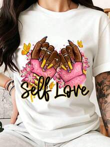 Women's Casual T-Shirts With A Hand And Flower Design And The Word "Love," Perfect For Everyday Wear Or As A Gift For Her. Made Of Cotton. - 白色 - 查看 6
