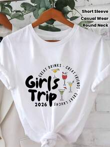 Women's T-Shirt With "2026 Trip Joy Drinks & Great Friends GREAT LAUGHS" Letter Print, Short Sleeve, Round Neck, Casual Top For Summer And Spring, Women's Clothing - 白色 - 查看 1