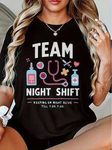 Night Shift Nurse T-Shirt - Funny Gift For Medical Heroes | Black T-Shirt With The Design "TEAM NIGHT SHIFT & Keep Patients Alive Until 7 PM" - Icons (Stethoscope, Heart) - 100% Durable - Unisex Hospital Wear, Suitable For Nurses And Doctors. - 黑色 - 查看 1