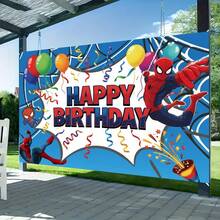 1pc Spider-Man Happy Birthday Backdrop Marvel Superhero Boy Party Decoration Cartoon Photography Background Indoor Holiday Gathering Scene Layout Cake Table Wall Tapestry Anime Fan Birthday Party Props Wall Hanging Decor - 多色 - 查看 3