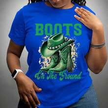 GiftWomen Women's Cotton T-Shirt, Sizes M-5XL, Western Cowboy Boots And Hat Graphic Print, Casual Loose Fit Short Sleeve Green Letter Print T-Shirt For Everyday Wear, Comfortable And Soft Clothing - 藍色 - 查看 1