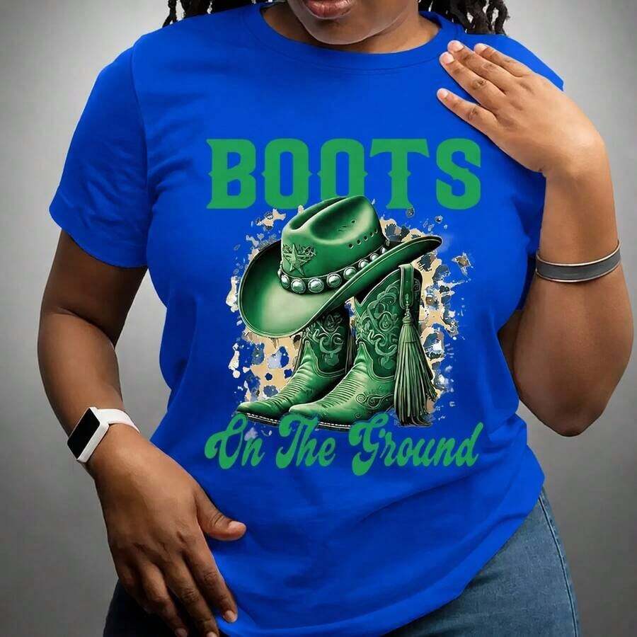 GiftWomen Women's Cotton T-Shirt, Sizes M-5XL, Western Cowboy Boots And Hat Graphic Print, Casual Loose Fit Short Sleeve Green Letter Print T-Shirt For Everyday Wear, Comfortable And Soft Clothing - 藍色 - 查看 1
