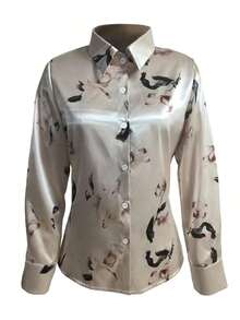 1 Piece Of Long-Sleeved Button-Down Shirt With Floral Print, Suitable For Dates, Holidays, Birthdays, Parties, Travel, Spring/Autumn Vacation. - 香檳色 - 查看 2