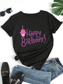 2026 New Women's Casual Short Sleeve Printed T-Shirt, Round Neck, Slightly Elastic, New Spring/Summer Style, Comfortable, Super Soft, With Embossed Cartoon Animal Character, Size A, Beautiful Gift. Elegant Party Outfit, T-Shirt For Elegant Ladies, Blouses Suitable For Curvy Women, Casual Wear, Cool And Sweat-Free Summer Clothes, Fun Letter Print - 黑色 - 查看 2