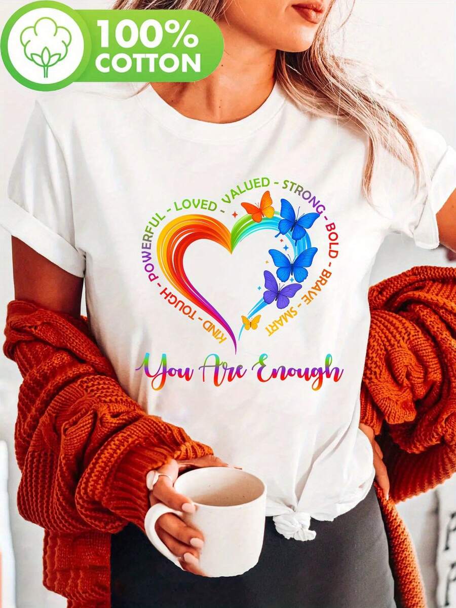 Women's LGBTQ+ Pride T-Shirt - Rainbow Heart And Positive Energy Print, 100% Cotton, Short Sleeve, Round Neck, Casual Style, Machine Washable, Spring/Summer Style, Multi-Love Design, Blouses For Women. - 白色 - 查看 1