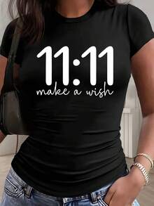 Artistic 11:11 Letter Print - Y2K Style - Women's Slim Fit Solid Color Crew Neck Short Sleeve T-Shirt, Casual And Sporty Style, With Gathered Waist Detail, Suitable For All Seasons. - 黑色 - 查看 12