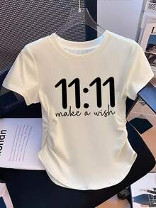 Artistic 11:11 Letter Print - Y2K Style - Women's Slim Fit Solid Color Crew Neck Short Sleeve T-Shirt, Casual And Sporty Style, With Gathered Waist Detail, Suitable For All Seasons. - 白色 - 查看 3