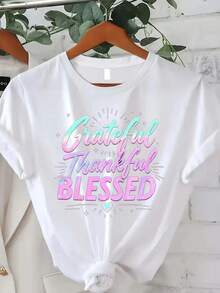 Plus Size, Trebalena Women's Oversized T-Shirt "Grateful, Thankful, Blessed" - Casual Short Sleeve Crew Neck Top With Inspirational Message, Comfortable Summer Fit For Church, Casual Wear And Summer Outfits - 白色 - 查看 1