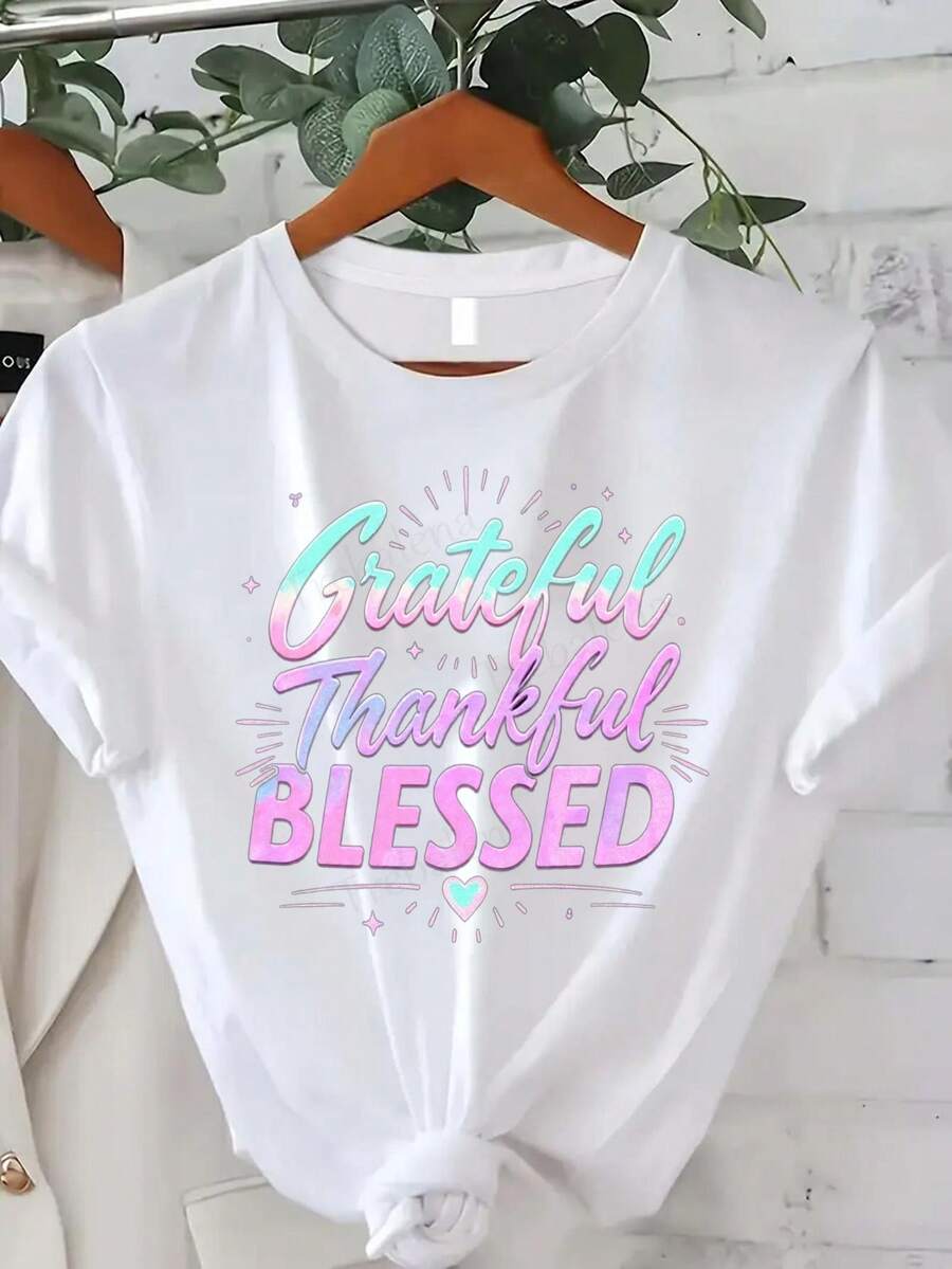 Plus Size, Trebalena Women's Oversized T-Shirt "Grateful, Thankful, Blessed" - Casual Short Sleeve Crew Neck Top With Inspirational Message, Comfortable Summer Fit For Church, Casual Wear And Summer Outfits - 白色 - 查看 1
