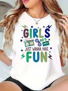 Women's Retro Casual And Modern Style T-Shirt, 80s 'Just Wanna Have Fun' Graphic Print, Summer Clothes, Gift For Her, Everyday Wear - 白色 - 查看 7