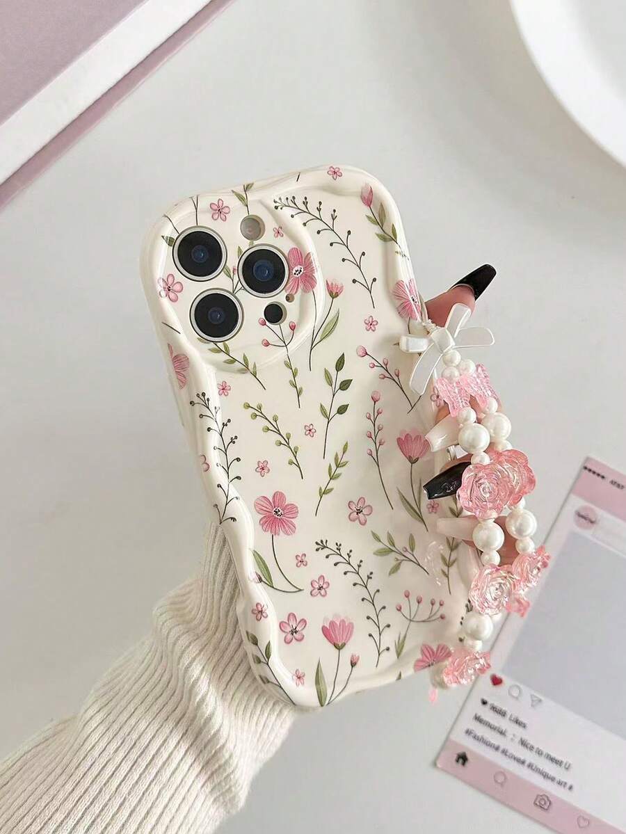 花卉編織波浪邊極簡優雅TPU碎花彩繪防摔手機殼附手工串珠手鍊配件，適用於 16/11/16pro/16plus/16promax/16e/15Promax/13/14/12/XS/XR/7G/8PXR/7/8， 15Promax、13、14、11彩繪款，P12防摔軟殼，12/14編織波浪邊彩繪TPU防摔軟殼