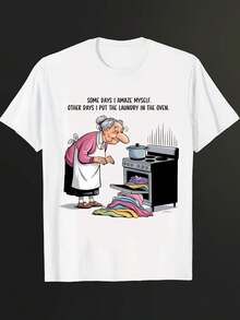 Women's Printed T-Shirt - Casual Short Sleeve Crew Neck T-Shirt With A Fun Cartoon Design Of An Old Lady Doing Laundry In The Oven. With A Relaxed Fit For All Seasons, The Perfect Choice For Everyday Wear Or Your Holiday Outfits (Machine Washable). - 白色 - 查看 7
