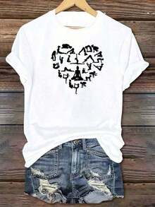 Simple And Versatile Printed T-Shirt For Yoga Enthusiasts, Featuring A Heart Print, Comfortable And Soft, Short Sleeves, Crew Neck, And A Relaxed, Comfortable Fit - Unisex, Loose Fit - Vintage Street Style - Pure Cotton T-Shirt - Women's Pure Cotton T-Shirt, Crew Neck, Short Sleeves, Loose Fit, Summer Top, Vacation-Inspired Outfit, All Designs Are Printed. Suitable For Both Men And Women - 白色 - 查看 1
