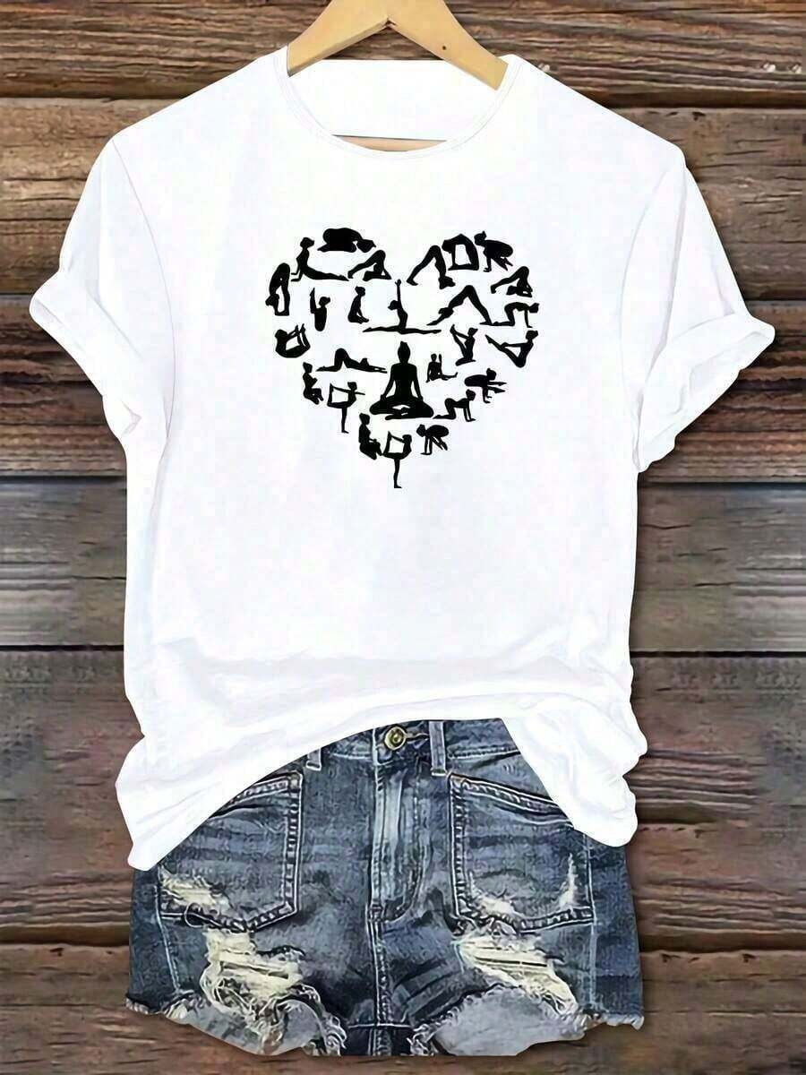 Simple And Versatile Printed T-Shirt For Yoga Enthusiasts, Featuring A Heart Print, Comfortable And Soft, Short Sleeves, Crew Neck, And A Relaxed, Comfortable Fit - Unisex, Loose Fit - Vintage Street Style - Pure Cotton T-Shirt - Women's Pure Cotton T-Shirt, Crew Neck, Short Sleeves, Loose Fit, Summer Top, Vacation-Inspired Outfit, All Designs Are Printed. Suitable For Both Men And Women - 白色 - 查看 1