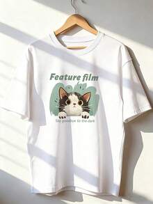 Cute Cat T-Shirt With "Feature Film" Text, Fashionable Short-Sleeved T-Shirt For Spring And Summer 2026, Made In Mexico, 180 Grams. Cartoon Print, Couple Design, Suitable For Indoor Or Outdoor Wear. Crew Neck, Unisex, Ideal For Office And Leisure. One-Pack. - WH-P631577SLNDXZGY609 - 查看 1