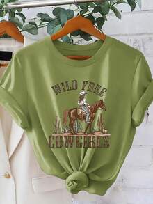 Women's Casual Summer T-Shirt, Western Cowgirl Print, American Retro Style, Short Sleeve T-Shirt For Women, Versatile Casual Spring/Summer Top, Unique Ranch Girl Style, Simple Round Neck, Comfortable And Breathable. - 黑色 - 查看 8