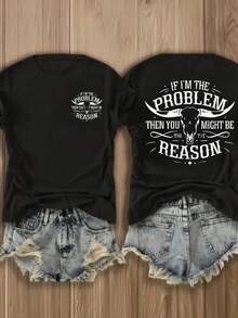 Women's Printed T-Shirt - Casual Long Sleeve T-Shirt With Cowboy Theme And Graphic Text, Round Neck, Relaxed Fit For All Seasons, Perfect For Daily Wear And Holiday Outfits (Machine Washable). - 黑色 - 查看 1