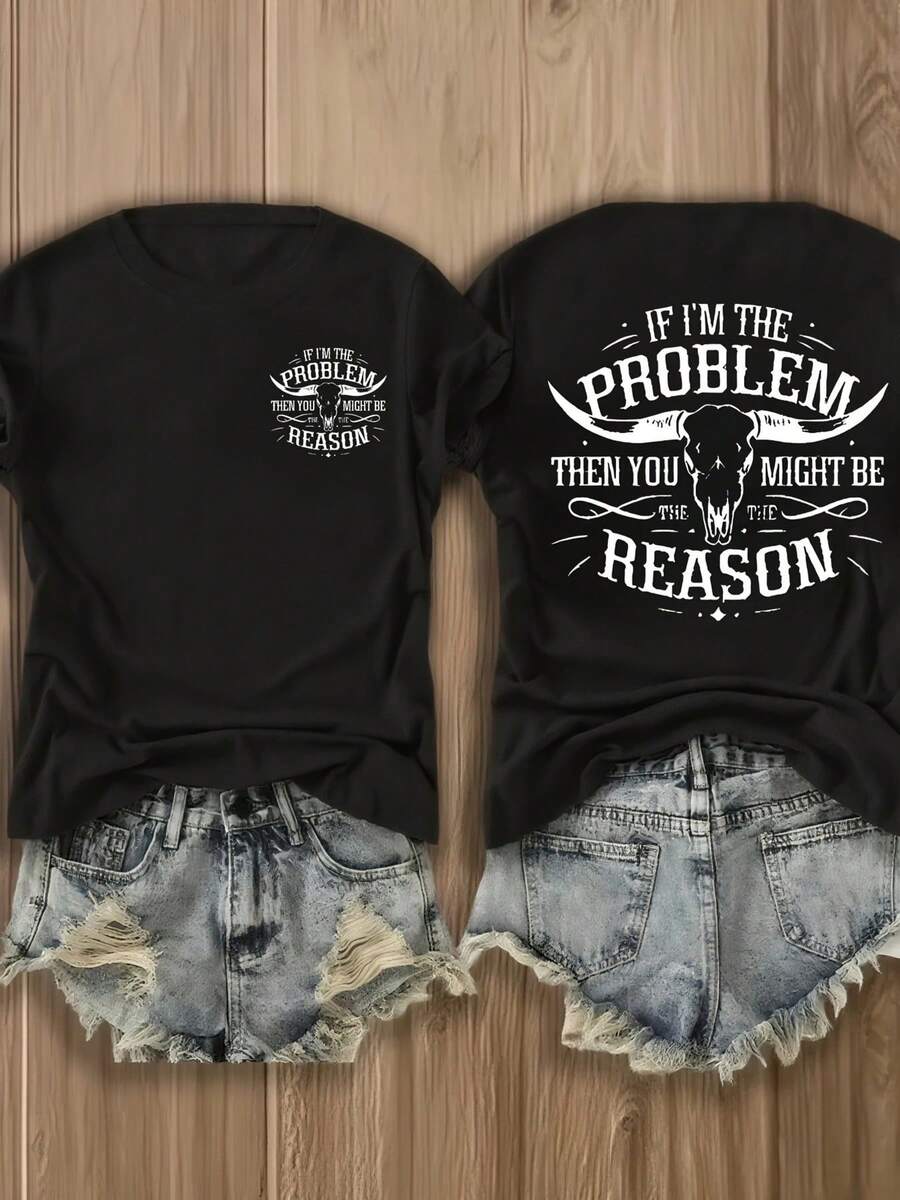 Women's Printed T-Shirt - Casual Long Sleeve T-Shirt With Cowboy Theme And Graphic Text, Round Neck, Relaxed Fit For All Seasons, Perfect For Daily Wear And Holiday Outfits (Machine Washable). - 黑色 - 查看 1
