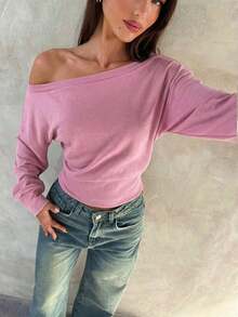 Top de manga larga asimétrico de hombro de punto de color albaricoque para mujer, otoño/invierno - Rosa - Ver 6