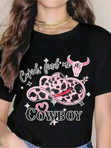 Women's T-Shirt, Women's T-Shirt With Pink Leopard Print And Cupid Looking For A Cowboy Design, With Hat And Bull Skull, Western Style For Valentine's Day, Cute Country Style T-Shirt, Valentine's Day Gift For Women - 黑色 - 查看 7