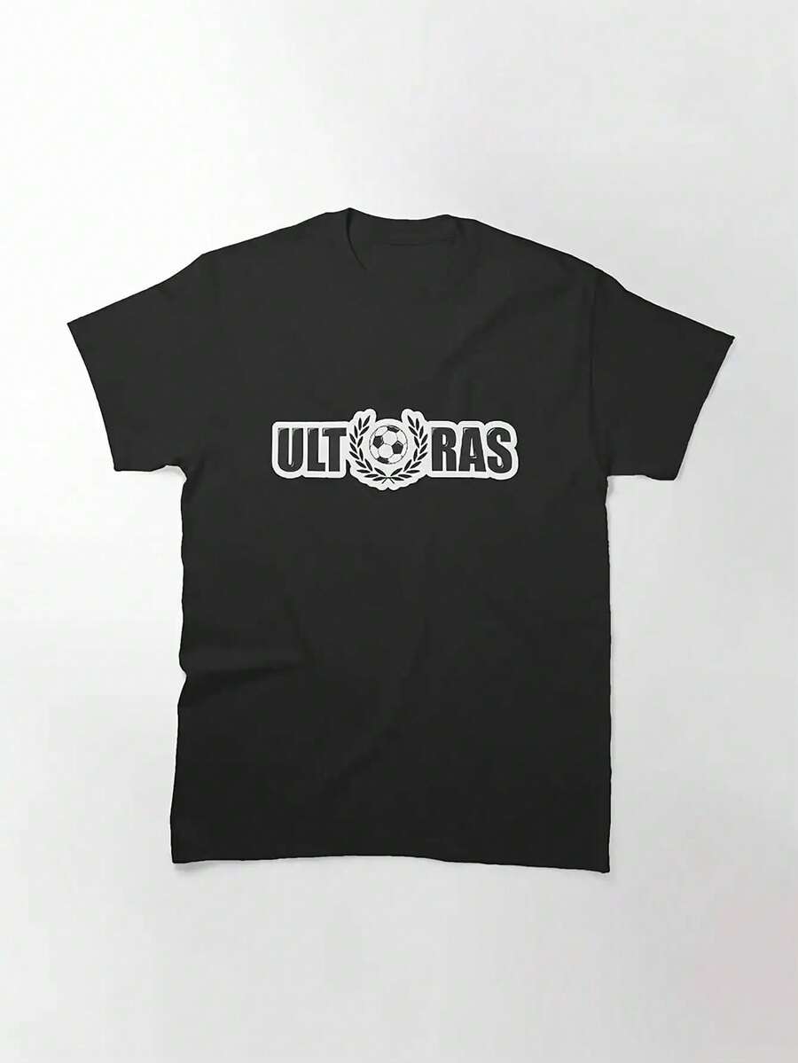 Retro Street Style Football Fan ULTRAS T-Shirt, Featuring The ULTRAS Logo And Football Team Print - Casual Crew Neck T-Shirt In Black/White, Regular Fit, Suitable For Year-Round Wear, Machine Washable, Ideal For Football Matches And Training. - 黑色 - 查看 1