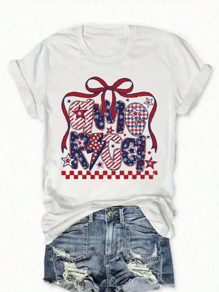 1 Piece Of Women's Short-Sleeved T-Shirt, With Festive American Flag Print With Stars And Stripes, Pure Casual Style, Round Neck, Comfortable Fit, Suitable For All Four Seasons, Durable And Soft Fabric. - 白色 - 查看 1