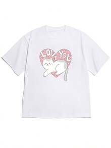 Women's Loose Off-Shoulder T-Shirt, New Spring/Summer 2026 Collection | Cute Cartoon Cat Print With The Phrase "LOVE YOU", Soft And Comfortable, Ideal For Casual Outings - High Quality For Summer. - 白色 - 查看 7