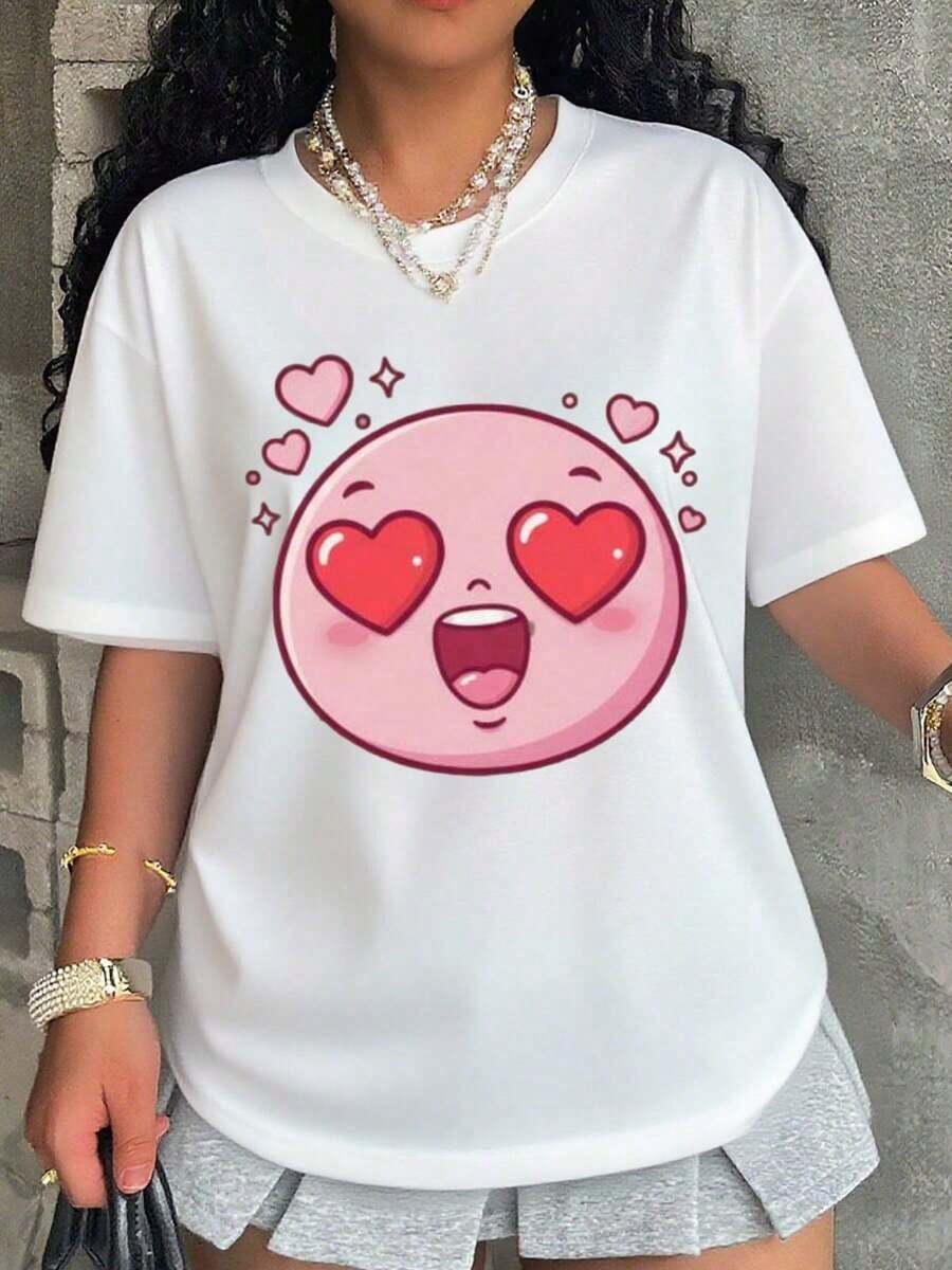 Women's T-Shirt, Heart Eyes Design T-Shirt For Women, Plus Size, Black Cotton Top With Love Face Design, Perfect For Valentine's Day And Romantic Occasions - 白色 - 查看 1