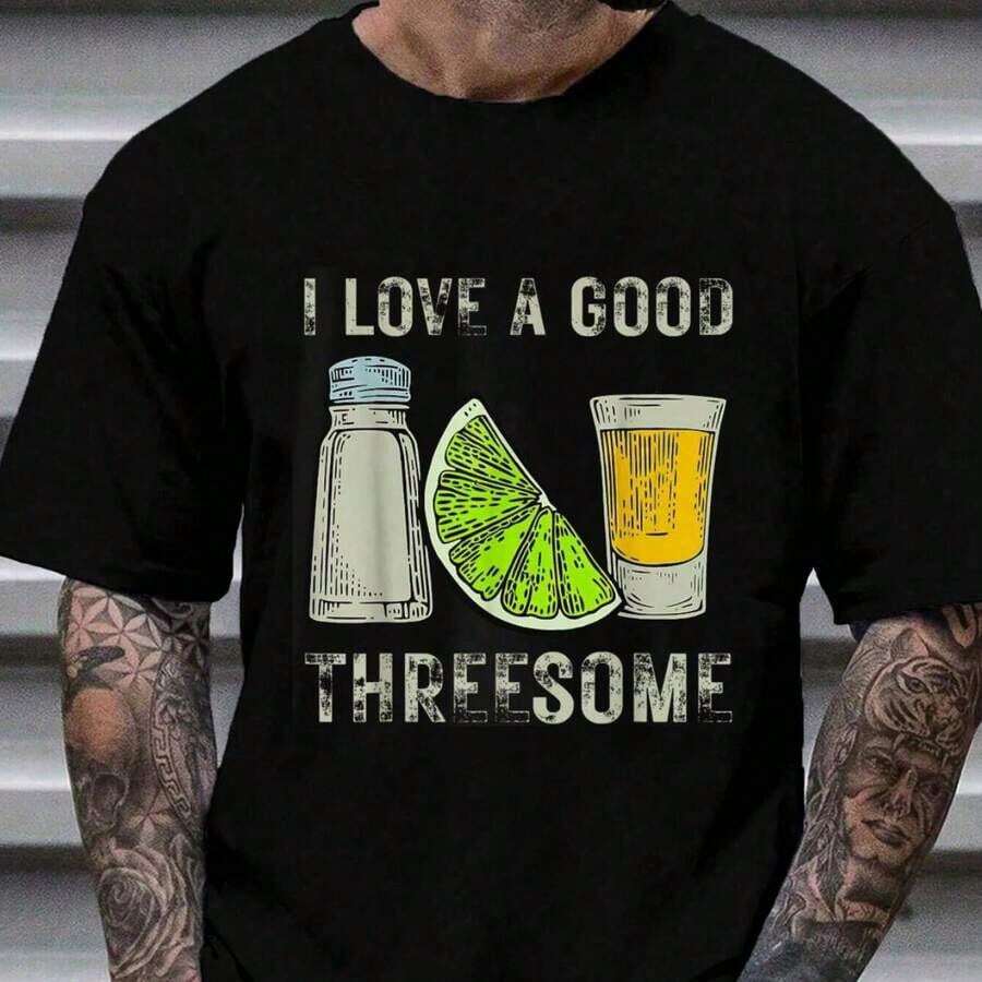 100% Cotton T-Shirt With Funny 'I Love A Good Threesome' Tequila Barman Print For Men And Women, Fashionable Casual Short Sleeve Graphic Tee - 黑色 - 查看 1