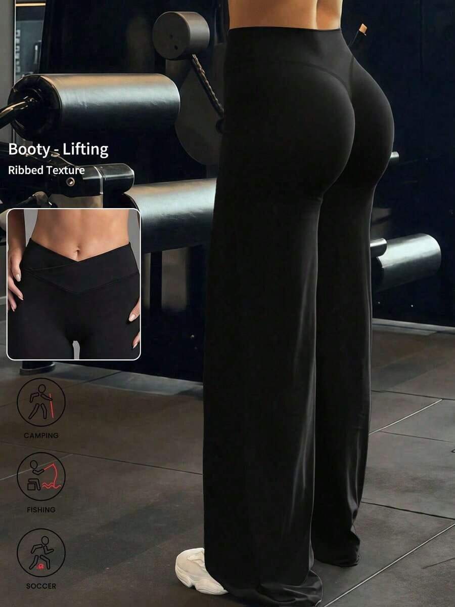 1 pieza Pantalones anchos de yoga de unicolor para mujer, cómodos y de ajuste ceñido, versátiles, adecuados para correr, fitness y yoga - Negro - Ver 1