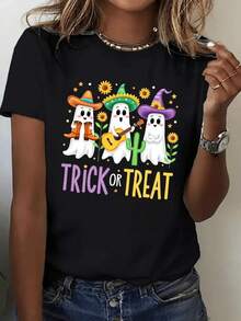 Women's T-Shirt With Fun Print Of Ghosts With Hats And Sunflowers, Halloween Trick Or Treat Design, Ideal For Celebrations And Everyday Wear - 黑色 - 查看 7