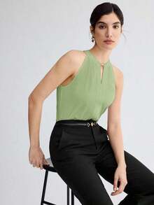 Nueva camiseta de tirantes elegante de cuello de ojo de cerradura de unicolor, versátil para el transporte urbano moderno, uso diario, retro romántico de los 90, adecuada para Navidad, Año Nuevo, San Valentín, fiesta, playa, graduación, moda, carn - Verde - Ver 9