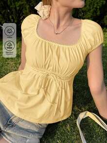 de manga corta casual y versátil con cuello cuadrado para mujer, top amarillo de verano - Amarillo - Ver 3
