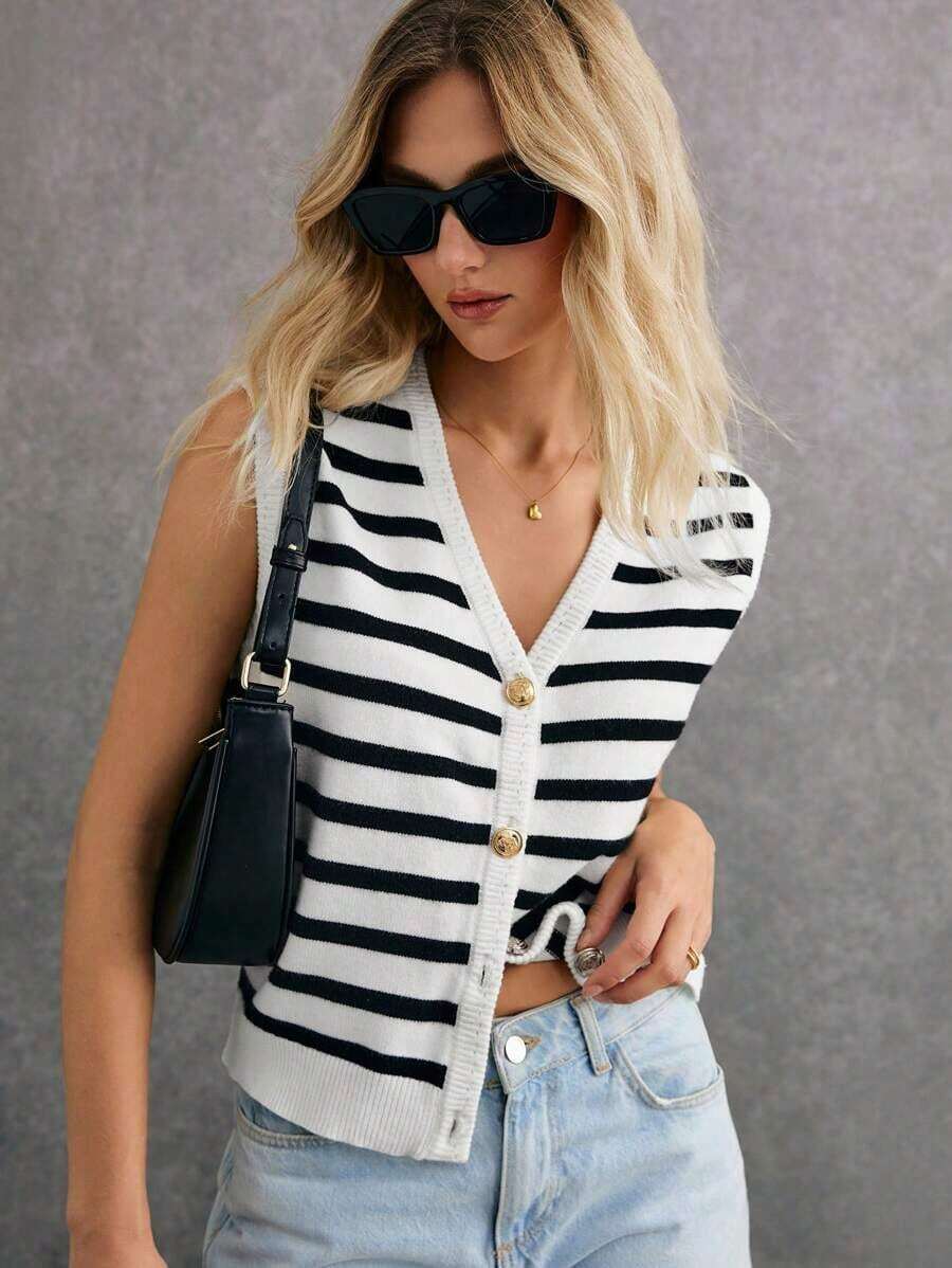Cárdigan sin mangas casual de invierno para mujer con estampado de rayas, un esencial de estilo chic effortless - Blanco y Negro - Ver 1