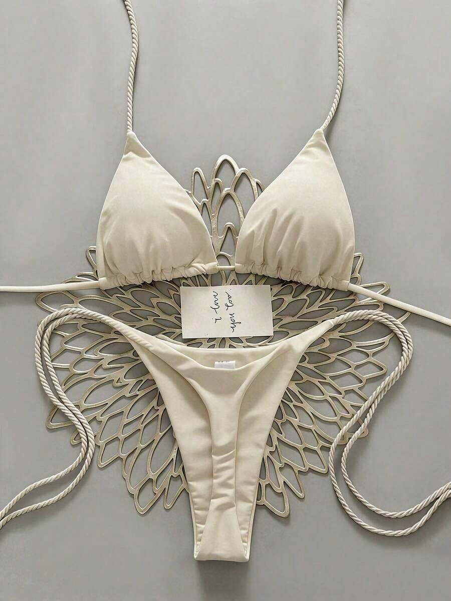 2 piezas Conjunto de traje de baño para mujer, Bikini verde menta con decoración de cuerda hecha a mano - Albaricoque - Ver 1