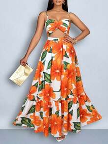Vestido maxi elegante y casual para mujer de talla grande con estampado floral romántico, sin mangas, con cintura ceñida y nudo, tirantes de espagueti, para vacaciones en la playa, primavera y verano, para el verano en Hawái, vestidos de verano p - Naranja - Ver 8
