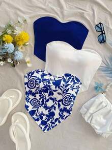 3 Piezas Camiseta corta casual con estampado de mariposa y diseño, bajo asimétrico, apta para vacaciones, playa, verano - Azul y blanco - Ver 3
