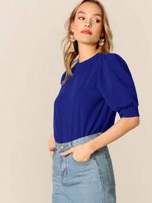 Top de manga farol de cuello alto de espalda con abertura de ojo - azul real - Ver 3