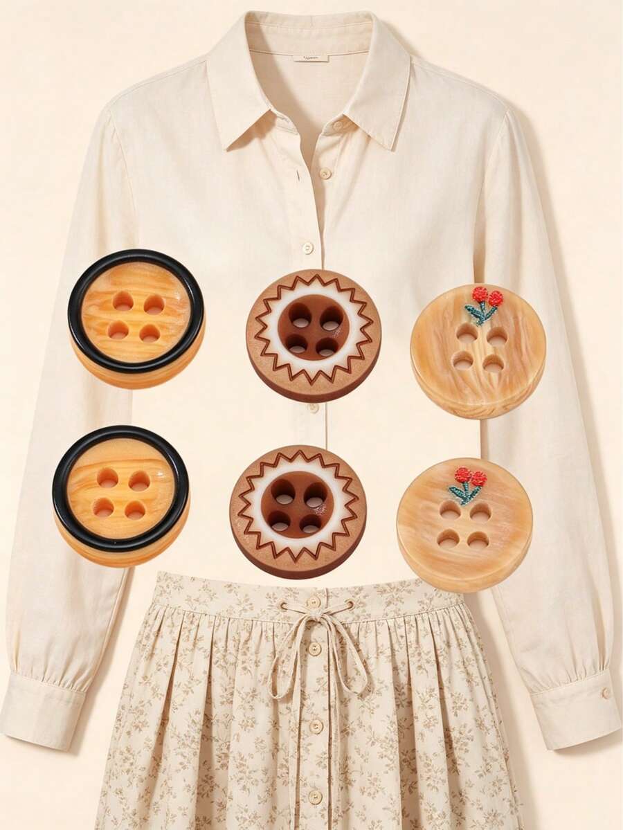 100pcs Wood Grain Texture Resin Buttons, 4-Hole Round Design, 0.453 Inch, Minimalist Versatile For Shirts, Dresses, Jackets, Coats, Clothing DIY Sewing Accessories (Mixed Set) - Wood Grain - View 1